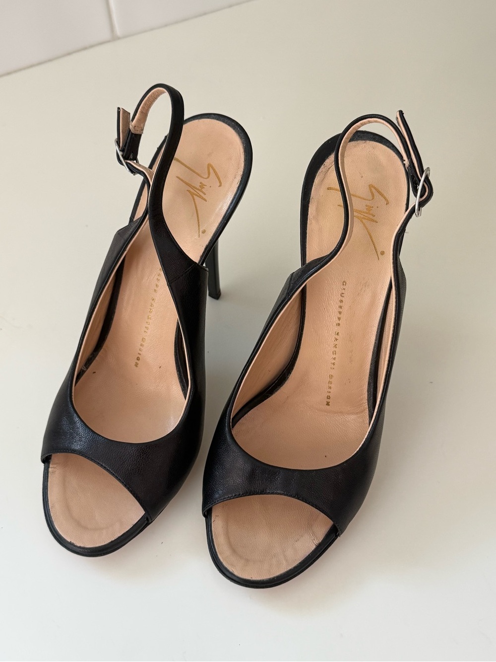 Giuseppe Zanotti Black Peep-Toe Slingback Leather Heels